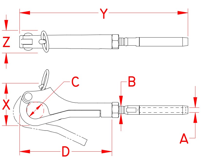 Stainless Steel Pelican Hook and Swage Stud, S0162-A007, S0162-A008, S0162-A013, Line Drawing
